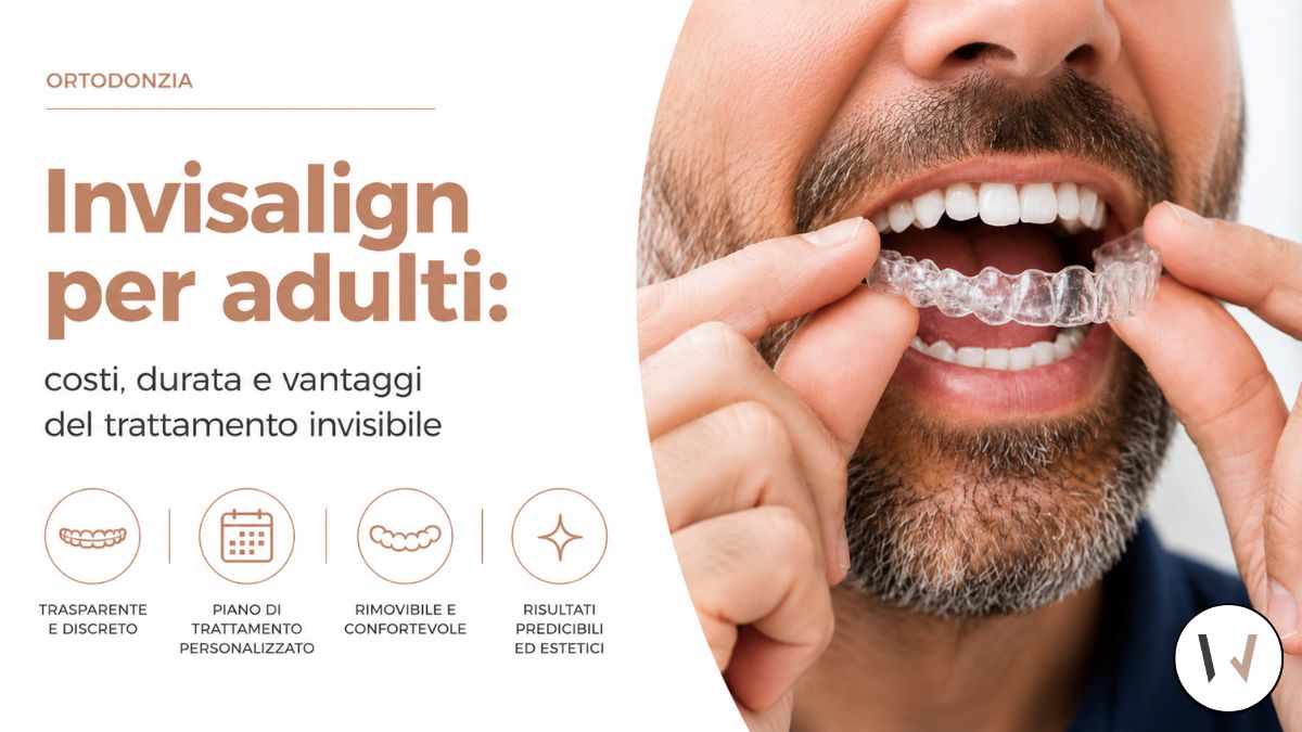 Adulto che applica una mascherina trasparente Invisalign durante un trattamento ortodontico.